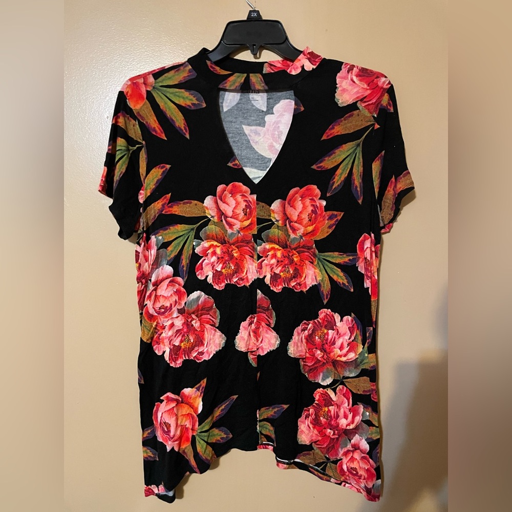 ANA Floral V Neck Cut Out Shirt